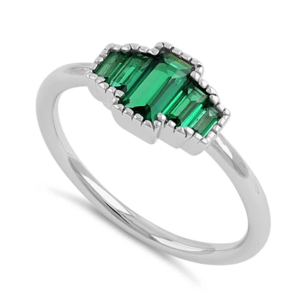 Sterling Silver Five Baguette Cut Emerald Green CZ Ring New